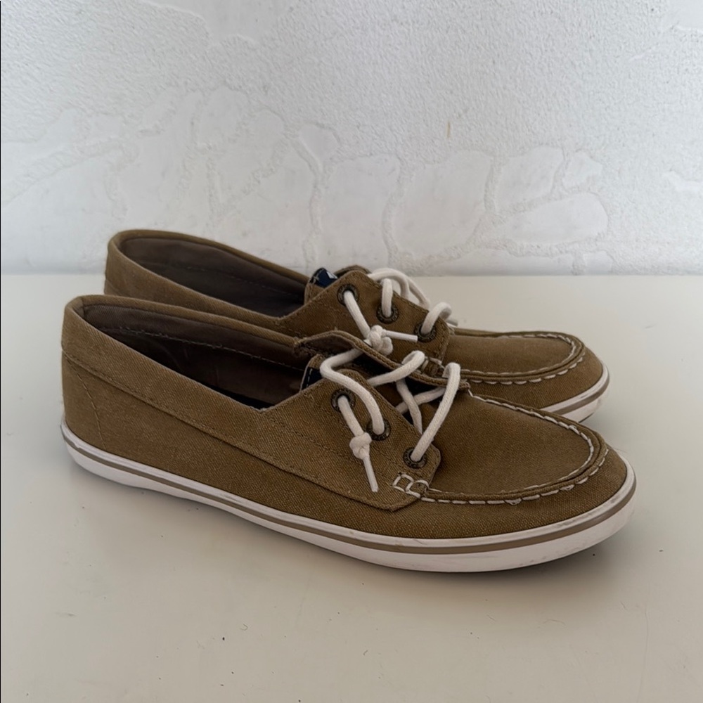 Sperry Top Sider Women"s Tan Boat Shoes Memory Foam White Laces Size 7